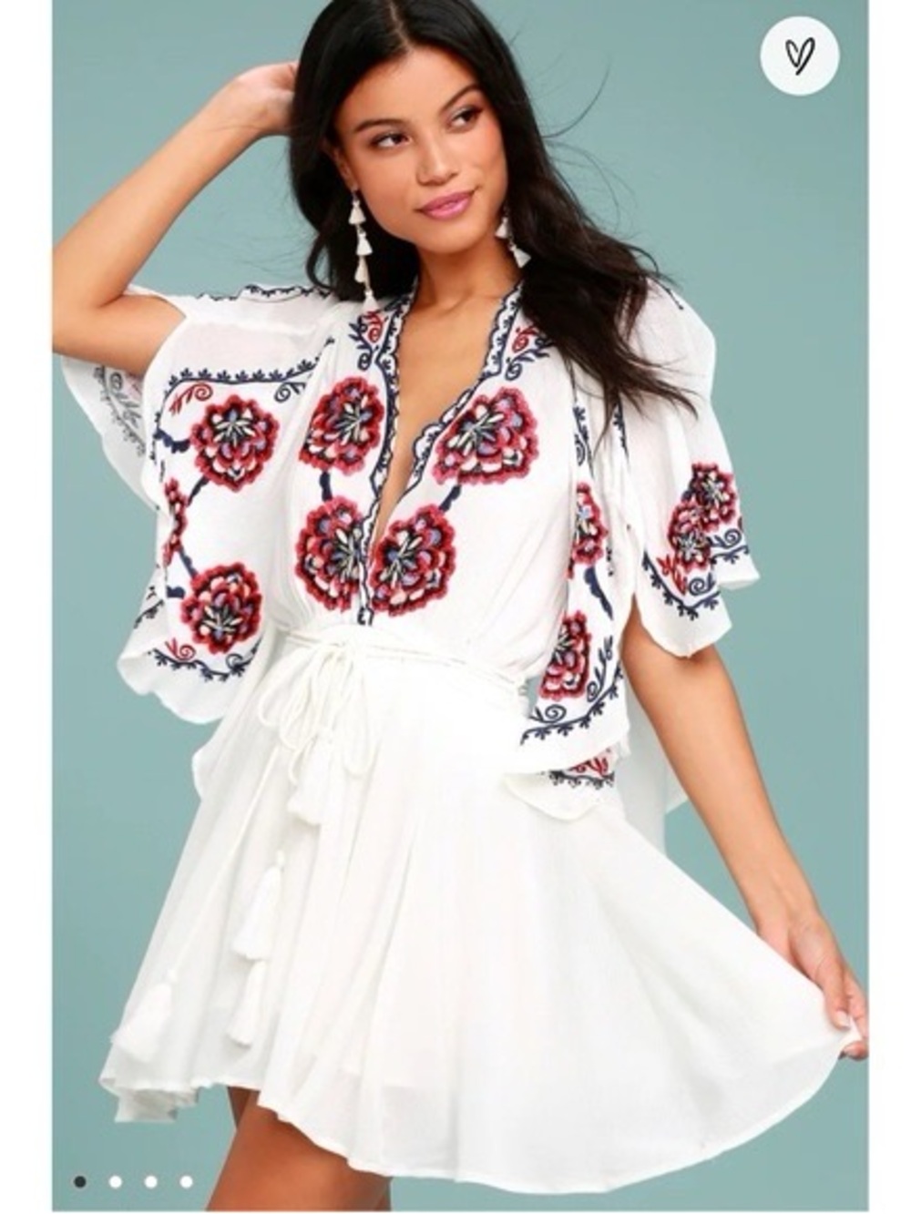 Free People Cora White Embroidered Floral V-Neck Dress